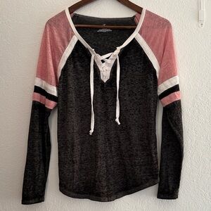 Bobbie Brooks Pink Black Lace Up Long Sleeve Top Medium Casual Pullover Shirt